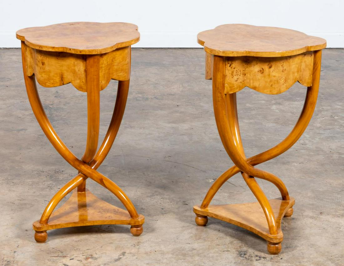 PR., BIEDERMEIER STYLE BURL WOOD OCCASIONAL TABLES: Possibly Continental, 20th century. Pair of triangular form blonde burl wood veneered occasional tables in the Biedermeier taste, having shaped triangular tops, each with a single drawer, three-part e