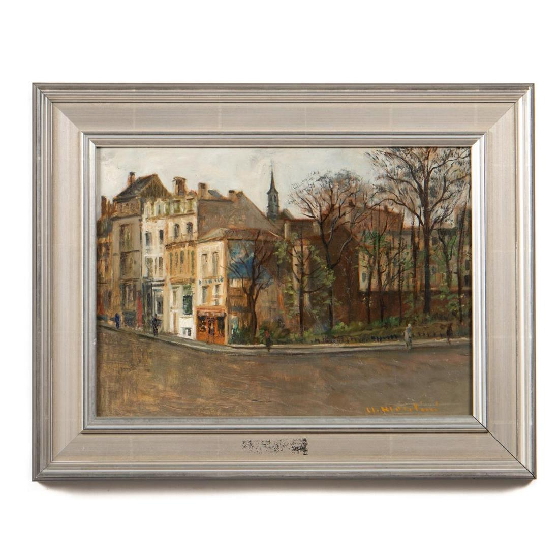"EUROPEAN STREET SCENE", OIL ON PANEL, FRAMED: Continental school, early to mid-20th century. "European Street Scene, probably Paris", oil on panel. Illegibly signed lower right. Provenance: From the Estate of Ms. Franca Oreffice of Atlanta, Georg