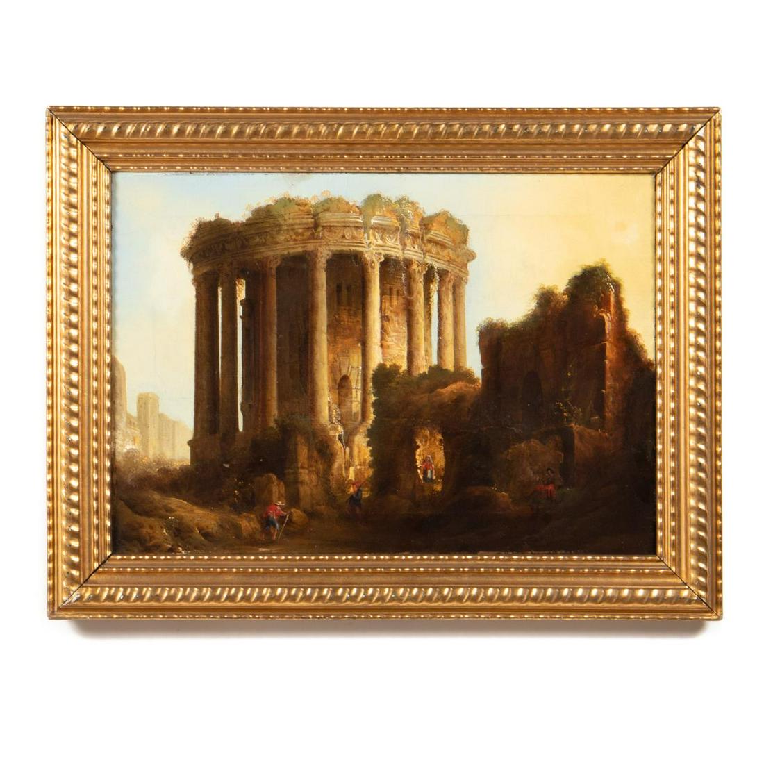 19TH C EUROPEAN CLASSICAL RUIN, OIL ON CANVAS: Continental school, 19th century. "View of Classical Ruins", oil on canvas. Apparently unsigned, giltwood frame. Approx. 21" x 27.25" (frame), 16" x 22.5" (canvas)