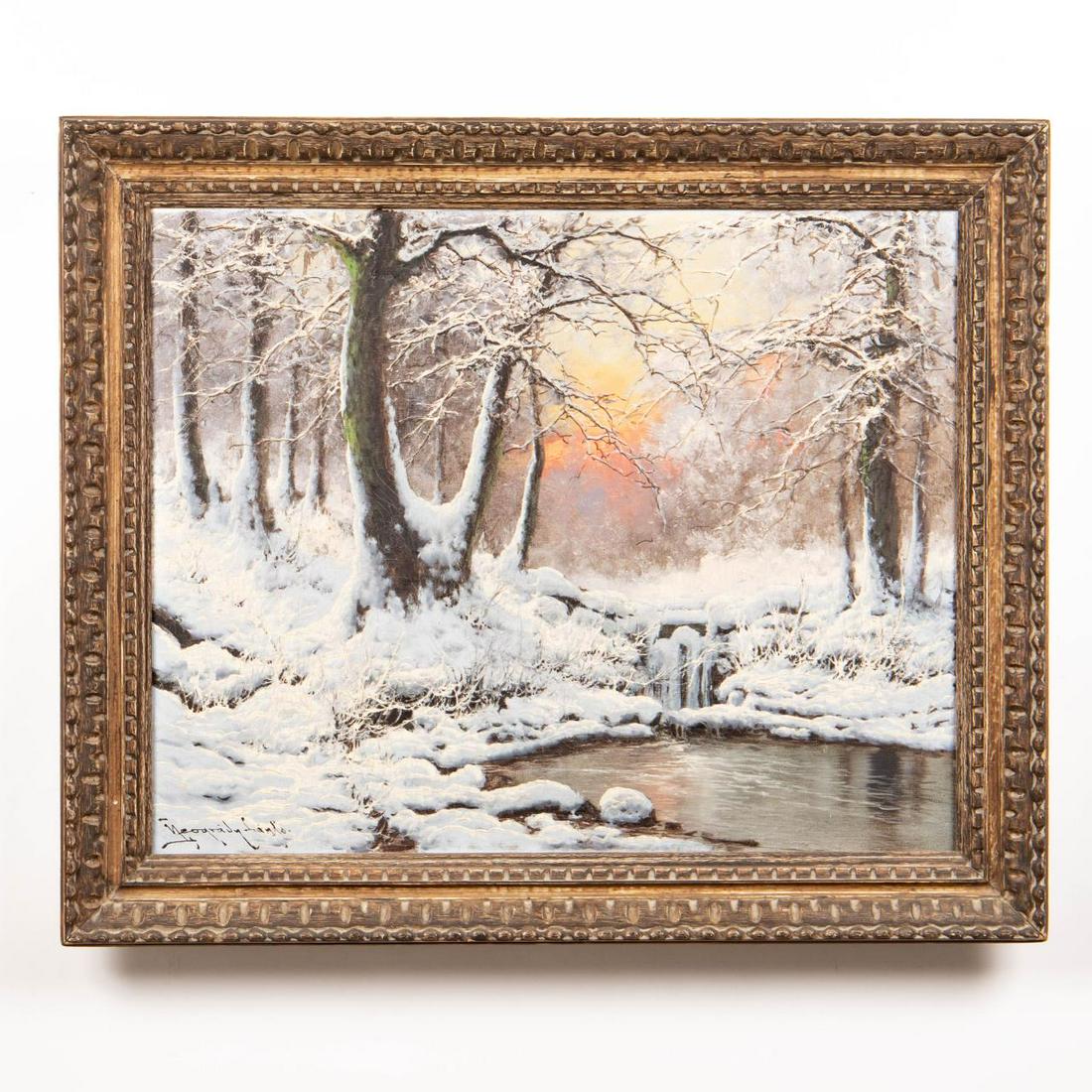 LASZLO NEOGRADY, SNOWY LANDSCAPE, FRAMED: Laszlo Neogrady (Hungarian, 1896-1962). "Winter Landscape", oil on canvas. Signed lower left. Provenance: Helmuth Stone Gallery, Miami, FL, Jun. 2019; lot 249. Approx. 30" x 36" (frame), 24" x 30" (ca