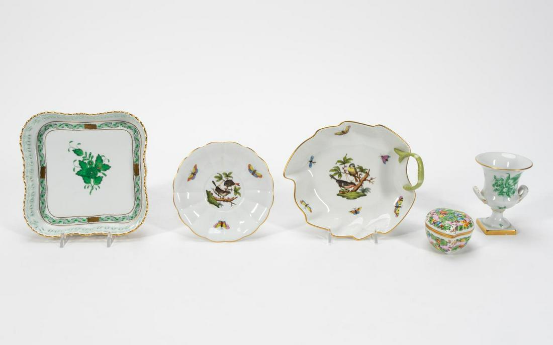 4PC HEREND PORCELAIN TABLE ACCESSORIES: Herend (Hungarian), 20th century. Group of four Herend porcelain table accessories in various patterns, comprising of one reticulated green "Chinese Bouquet" dish, one floral and reticulated lidded he
