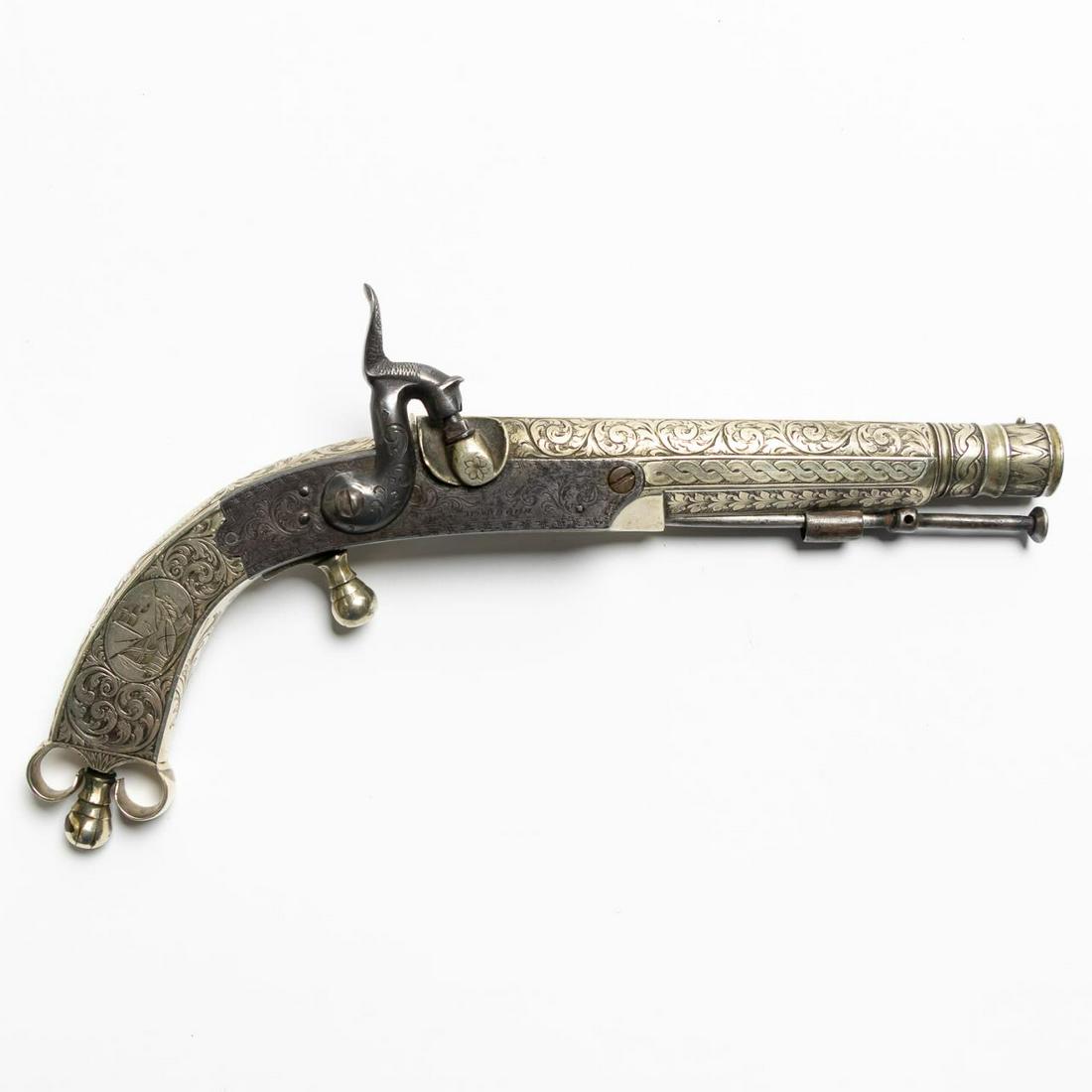 MURDOCH SCOTTISH ALL METAL PERCUSSION BELT PISTOL: Scottish. All metal percussion belt pistol having foliate and flag engraving, fish form hammer, and ram's horn form or curls to butt. Marked "Murdoch" to lock plate. Provenance: Acquired from Amoskeag