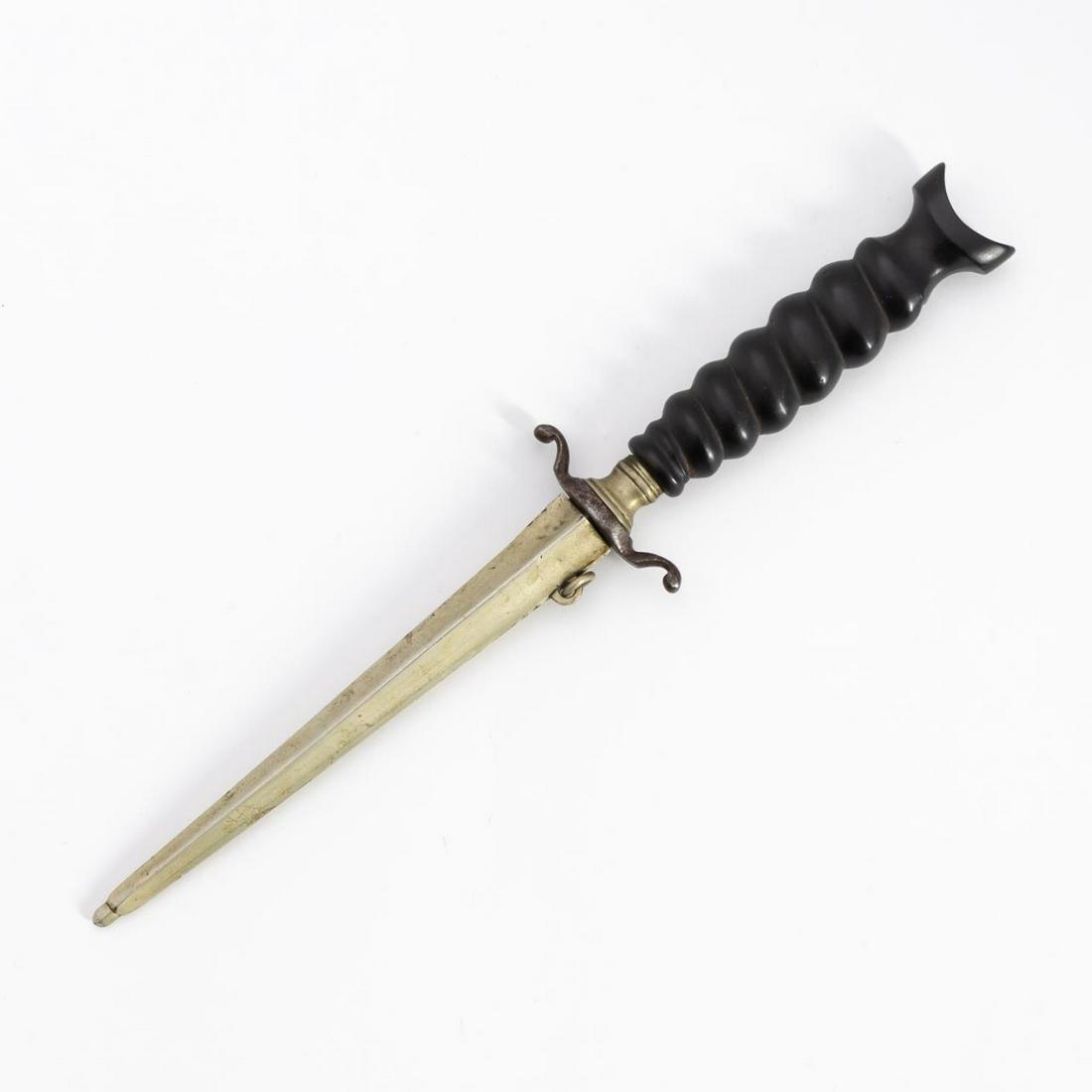 19TH C. CONTINENTAL STILETTO DAGGER, EBONY HANDLE: Continental, 19th century. Diminutive stiletto dagger with spiral carved ebony grip, "C" curve quillons, and lozenge form blade. Apparently unmarked. Approx. length 9" (full). Item from the Estate of 