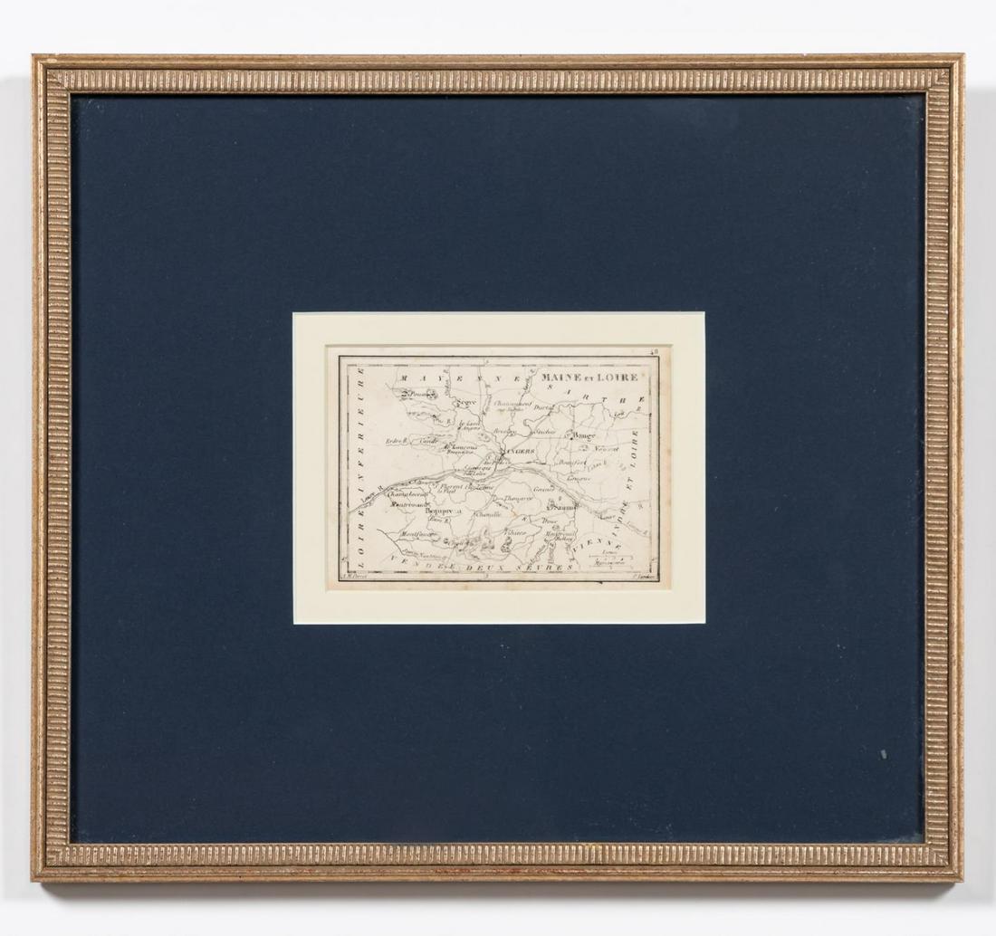 19TH CENTURY FRENCH MAP, MAINE ET LOIRE, FRAMED: Aristide Michel Perrot (French, 1793-1879). "Maine et Loire", engraving. Signed Perrot and engraver Pierre Tardieu in plate. Approx. 13" x 14.5" (frame), 3.75" 5.25" (sight) Item from the Estate of Fo