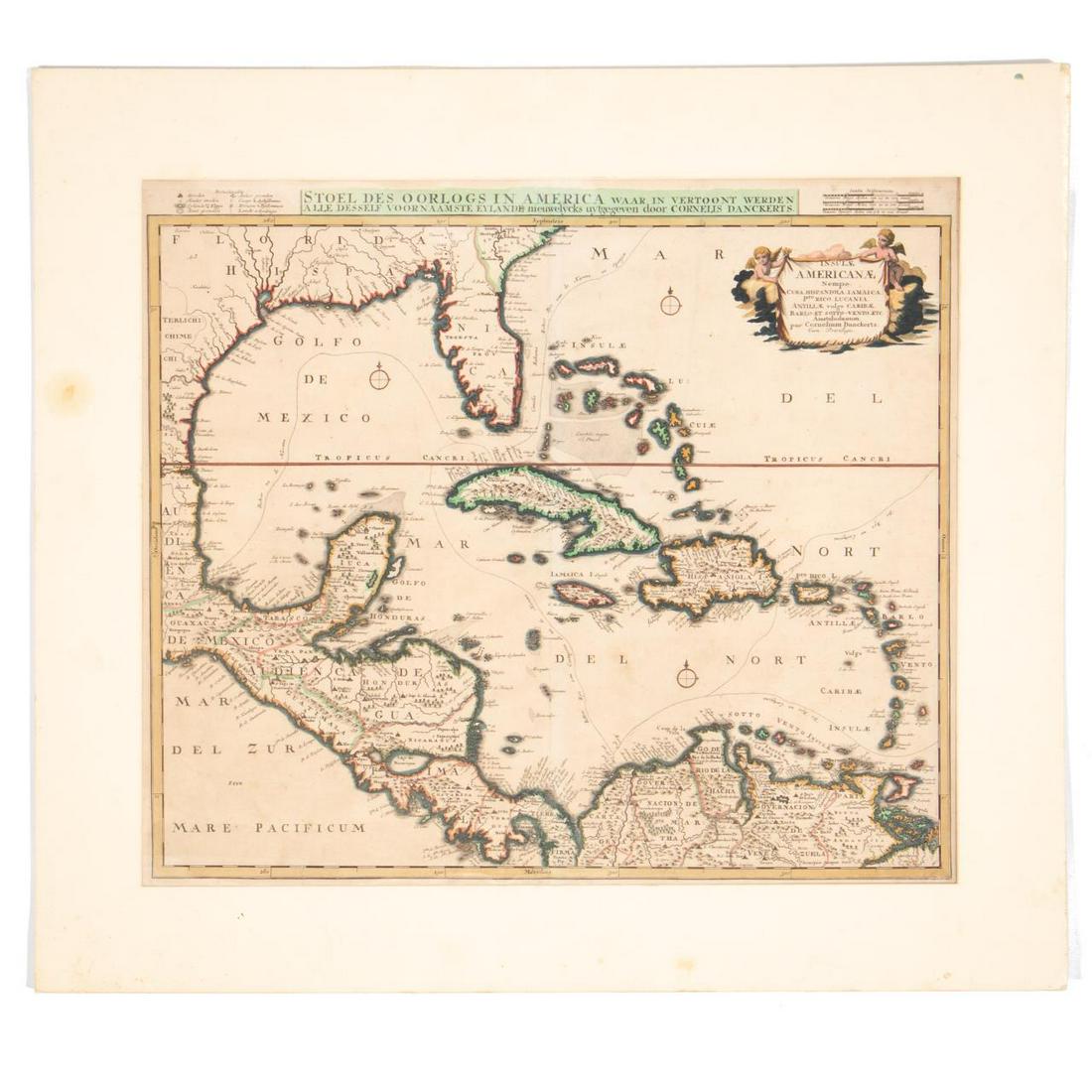 CORNELIUS DANCKERTS, CARIBBEAN & FLORIDA MAP: Cornelius Danckerts (Dutch, 1664-1717). "Insulae Americanae Nempe: Cuba, Hispaniola..." -late 17th/early 18th century. Engraving with hand coloring. Approx. 20.25" x 23.5" (sheet) Item from the Estate