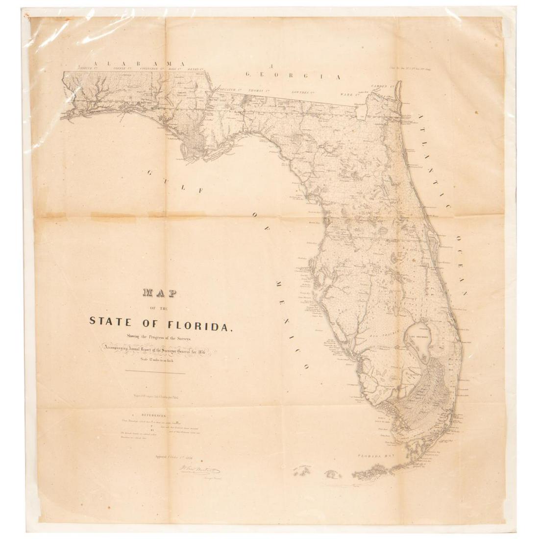 MAP STATE OF FLORIDA, JOHN WESCOTT SURVEYOR, 1856: John Westcott , Surveyor General (American, 19th century). "Map of the State of Florida Showing the Progress of the Surveys" -1856, engraving on paper published by Wagner and McGuigan, Philadelphia. A