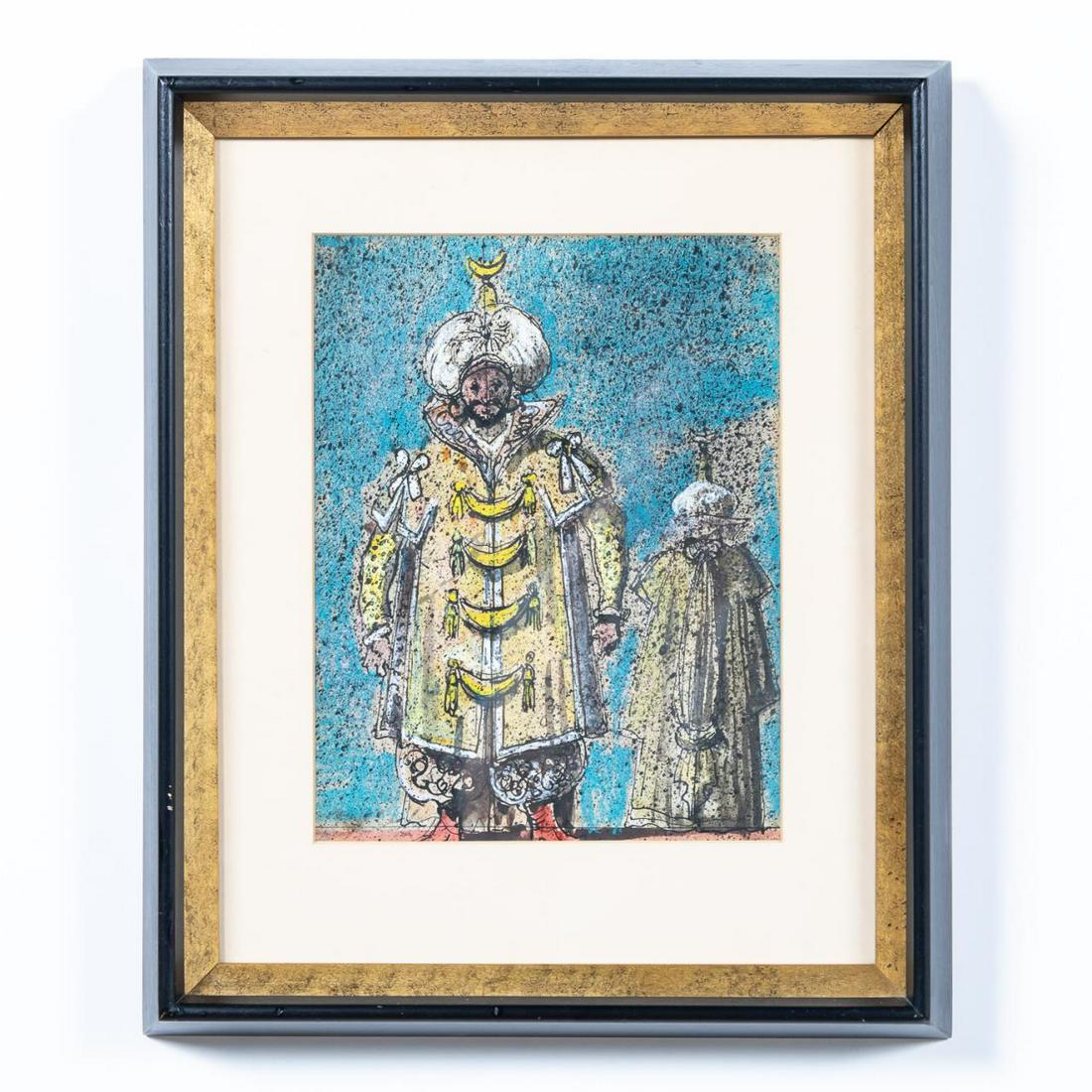EUGENE BERMAN, MIXED MEDIA FIGURAL PAINTING: Eugene Gustavovitch Berman (Russian/Italy/New York, 1899-1972). "White Turban and Green Coat", mixed media. Apparently unsigned; Vincent Price Collection, Sears label and original wall label verso. No