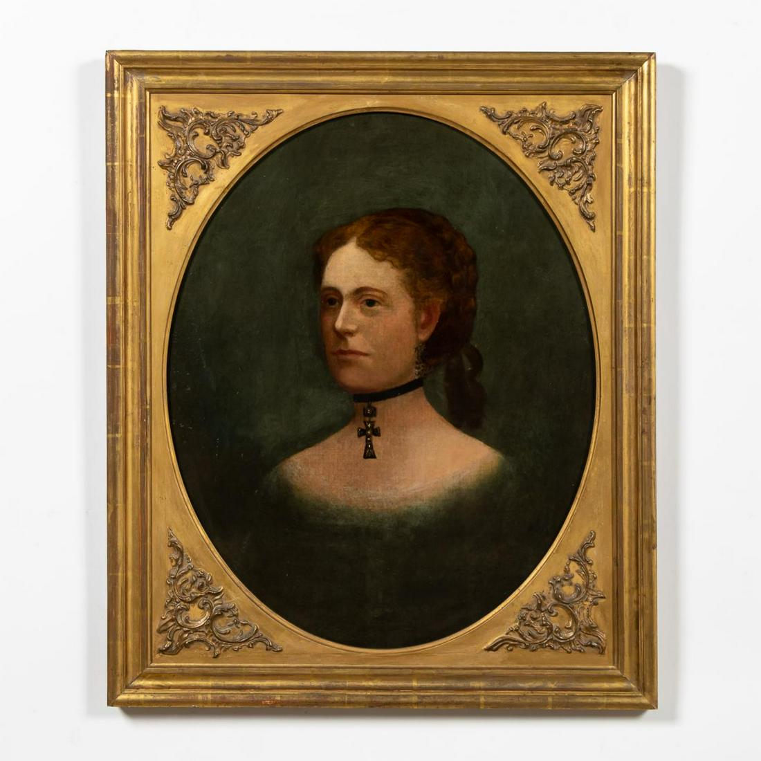 AMERICAN SCHOOL PORTRAIT OF LADY, GILTWOOD FRAME: American school, 19th century. "Portrait of Lady with Cross Necklace", oil on canvas laid onto masonite. Apparently unsigned, framed with spandrel. Approx. 30.25" x 25.5" (frame), 25" x 20" (sight).