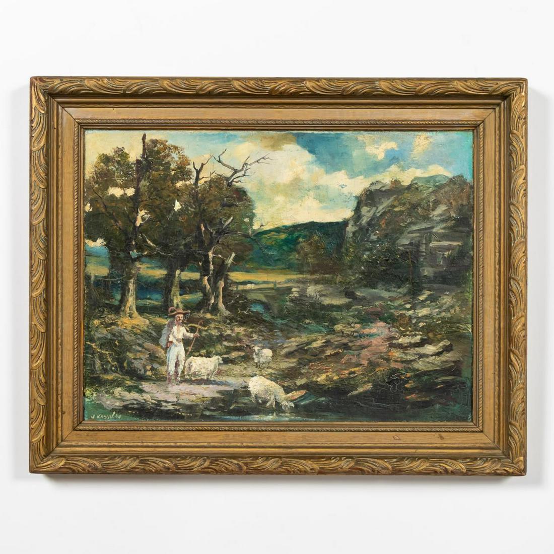 JOHN KASYN LANDSCAPE, OIL ON CANVAS, FRAMED 1949: John Kasyn (Canadian,1926-2008). "Shepherd in Landscape" -1949, oil on canvasboard. Signed lower left. Approx. 23.5" x 29.5" (frame), 18" x 24" (canvasboard)