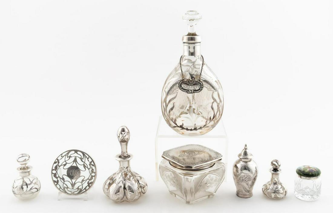 EARLY 20TH CENTURY, 8 STERLING OVERLAY ARTICLES: American, Continental, English & Asian, early 20th century. Eight sterling silver overlay & lidded articles including; pinch side engraved glass decanter with American sterling bottle ticket (Bohemian