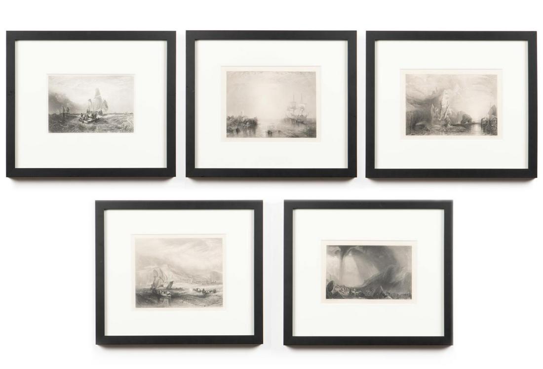 5 PCS, J. M. W. TURNER ENGRAVINGS, FRAMED AS SET: After Joseph Mallord William Turner (British, 1775-1851). Five engravings of nautical and harbor scenes, framed as a set. Each approx. 16.25" x 19" (frame)