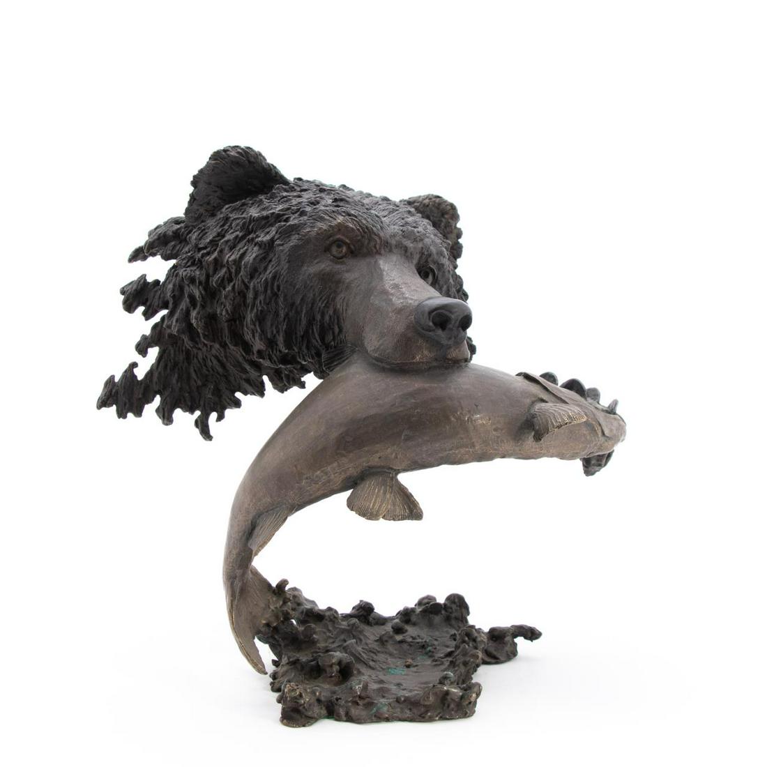 MARK HOPKINS, FISHING GRIZZLY BEAR, BRONZE, 1992: Mark Hopkins (American/Colorado/Georgia, 20th/21st century). "Fishing Grizzly" -1992, bronze. Signed, dated and numbered 380 of 450. Approx. h. 13.5"