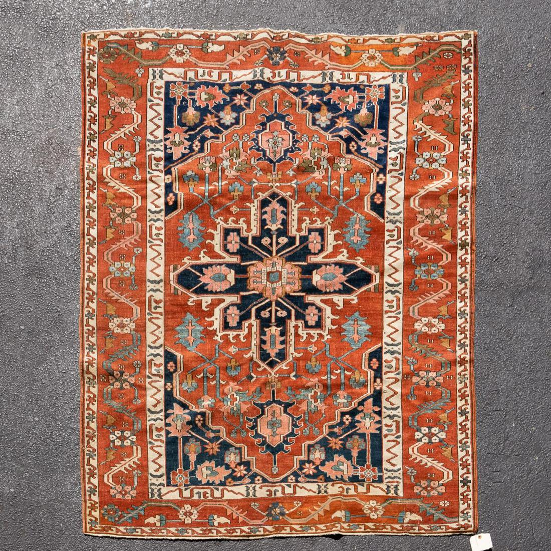 ANTIQUE SERAPI HANDWOVEN CARPET, 5: Persian. Antique Serapi handwoven wool rug Approx. 5' 5" x 6' 4" Item from the Estate of Forest "Tag" Hunter, Atlanta, GA.