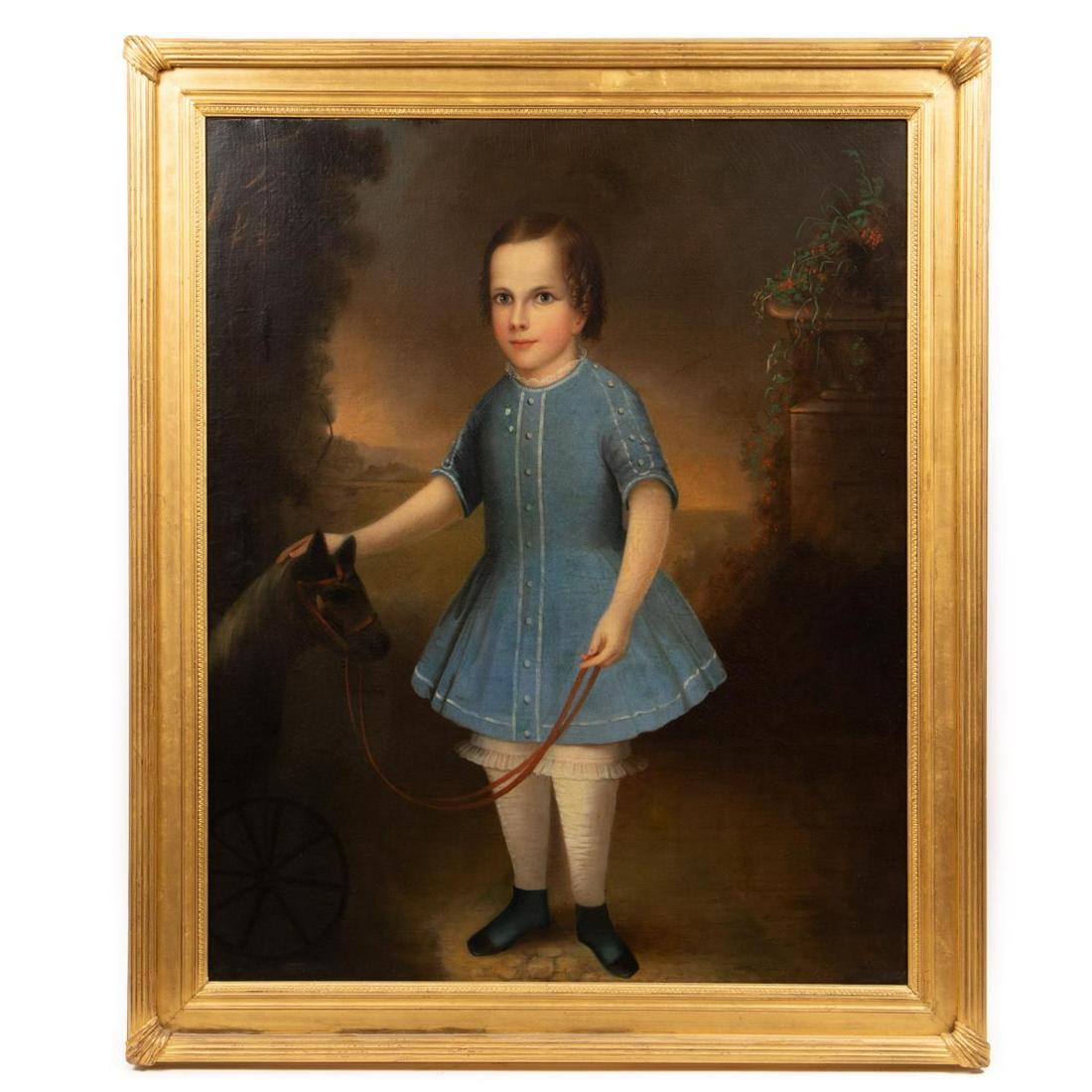 AMERICAN SCHOOL, PORTRAIT OF A BOY, GILTWOOD FRAME: American school, 19th century, "Portrait of a Boy with Toy Horse", oil on canvas. Apparently unsigned, inscribed "John Wanamaker" on stretcher. Provenance: Acquired from New England South American Ant