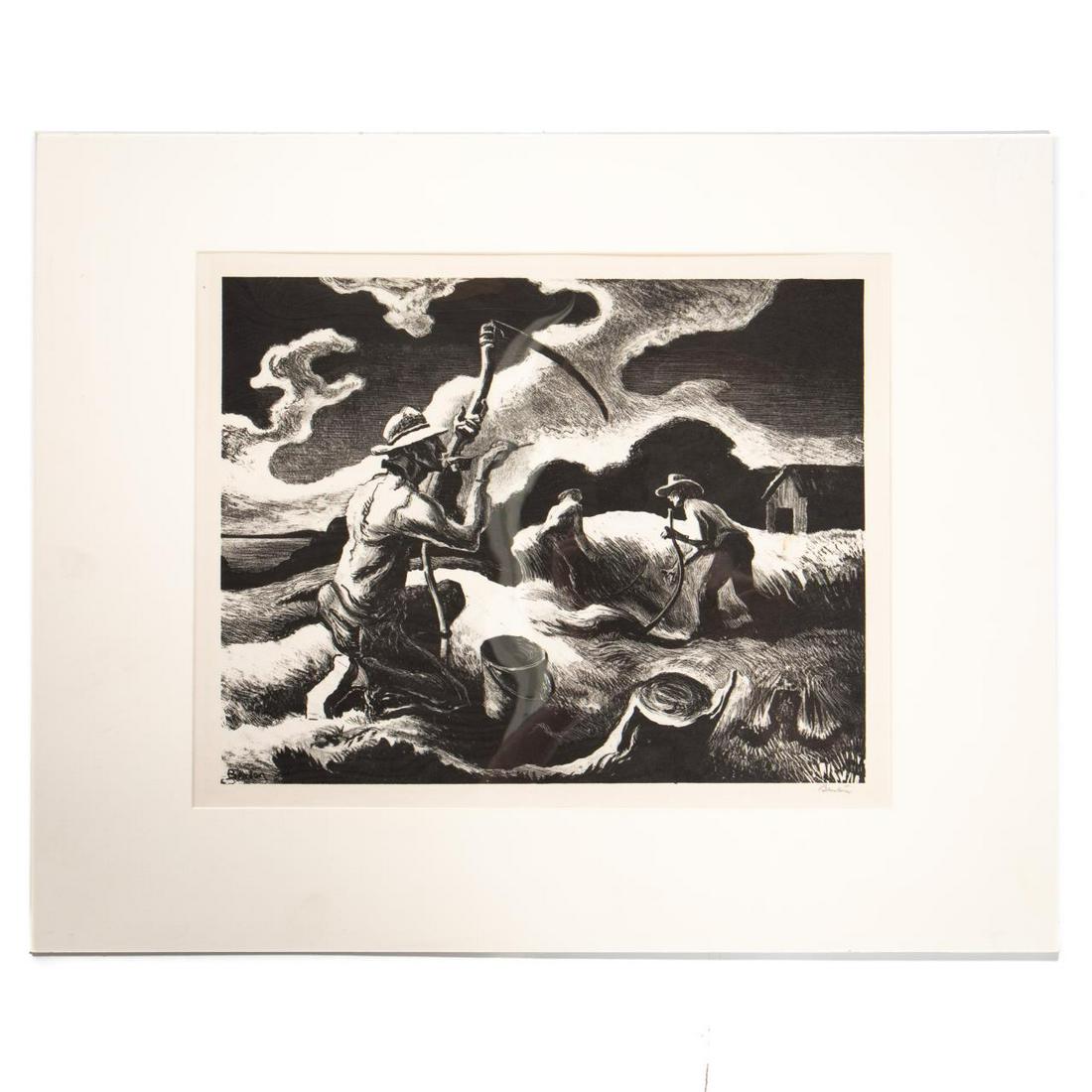 THOMAS HART BENTON, WPA STYLE LITHOGRAPH, 1945: Thomas Hart Benton (American/Missouri, 1889-1975). "Island Hay", -1945, lithograph. Pencil signed lower right. From an edition of 250 published by the Associated American Artists. Provenance: Swanns,