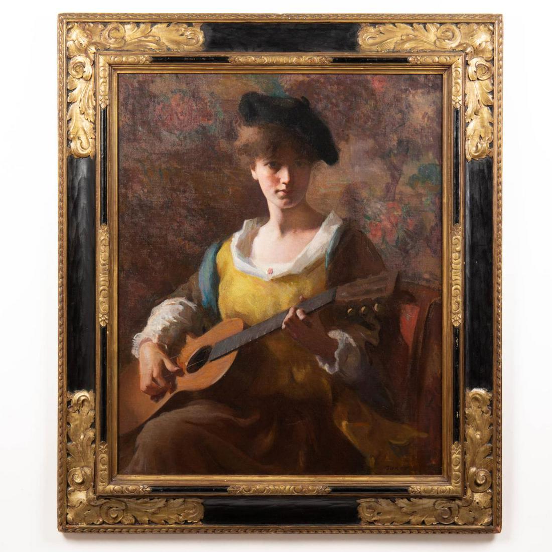 SAMUEL BURTIS BAKER, "VIOLA WITH GUITAR", 1919: Samuel Burtis Baker (American (Massachusetts / District of Columbia), 1882-1967). "Viola With Guitar" -1919, oil on canvas, Signed lower right, Newcomb Macklin frame. Exhibition History: "7th Exhibiti