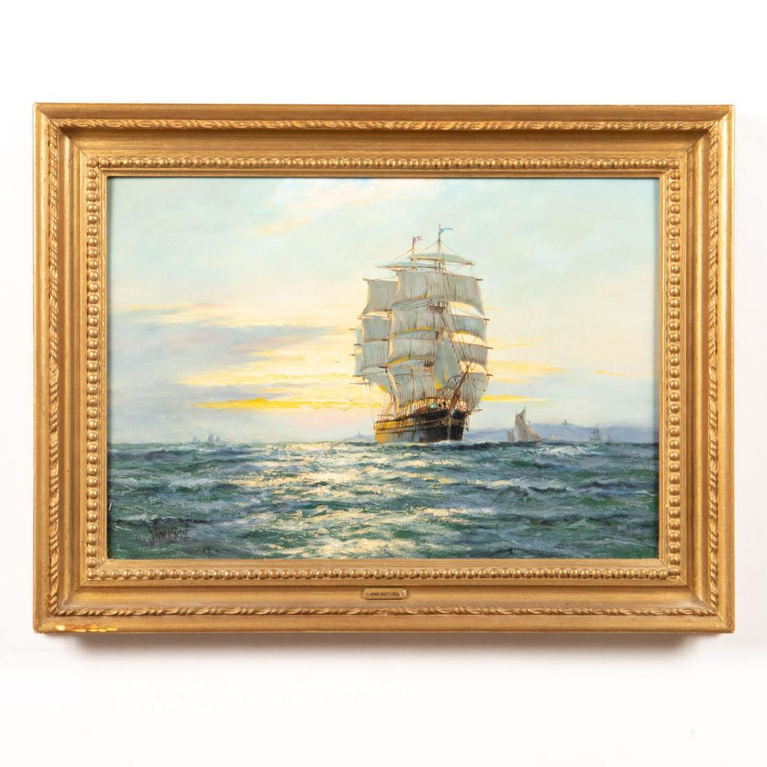 HENRY SCOTT, NAUTICAL SCENE, OIL, FRAMED: Henry Scott (British, 1911-2005). "Tranquil Sunset - Off Land's End, Clipper Ship 'Cutty Sark'", oil on canvasboard. Signed lower left; MacConnal-Mason and Son Ltd, London label verso. Provenance: Sha