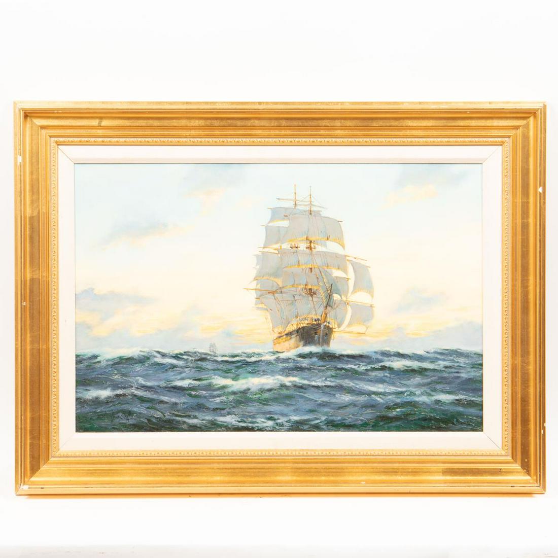 HENRY SCOTT, MARITIME SUNSET, OIL PAINTING, FRAMED: Henry Scott (British, 1911-2005). "Sunset, Western Pacific - 'Cutty Sark'", oil on canvas. Signed lower left, titled on stretcher. Provenance: Bunch Auctions, Jun 2019, lot 14140; Ex coll, MBNA Americ