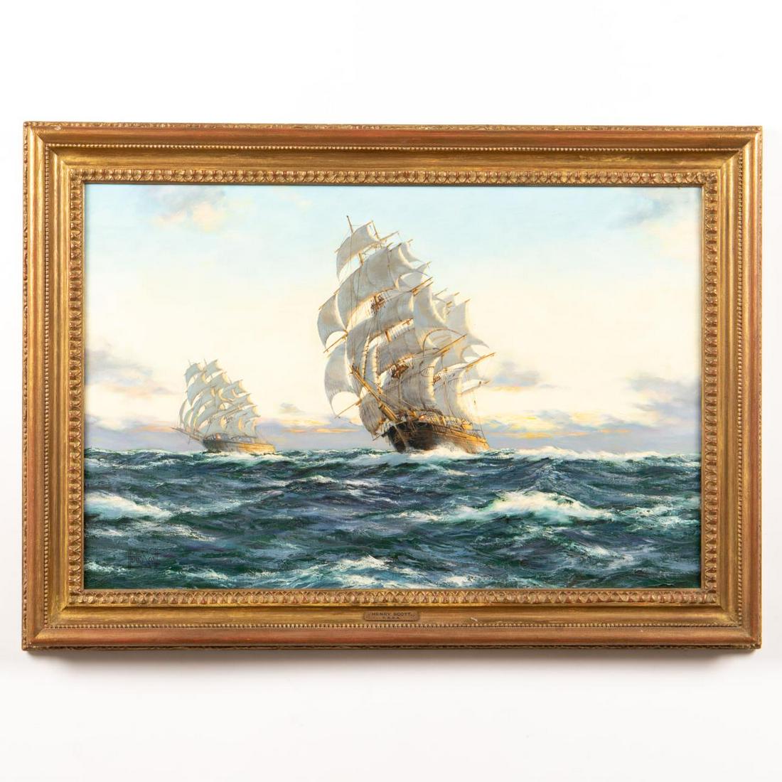 HENRY SCOTT, SUNSET - NAUTICAL PAINTING, FRAMED: Henry Scott (British, 1911-2005). "Sunset - North Atlantic - 'Leander' and 'Spindrift'", oil on canvas. Signed lower right and titled on stretcher; Quester Gallery, Connecticut and MacConnal-Mason and