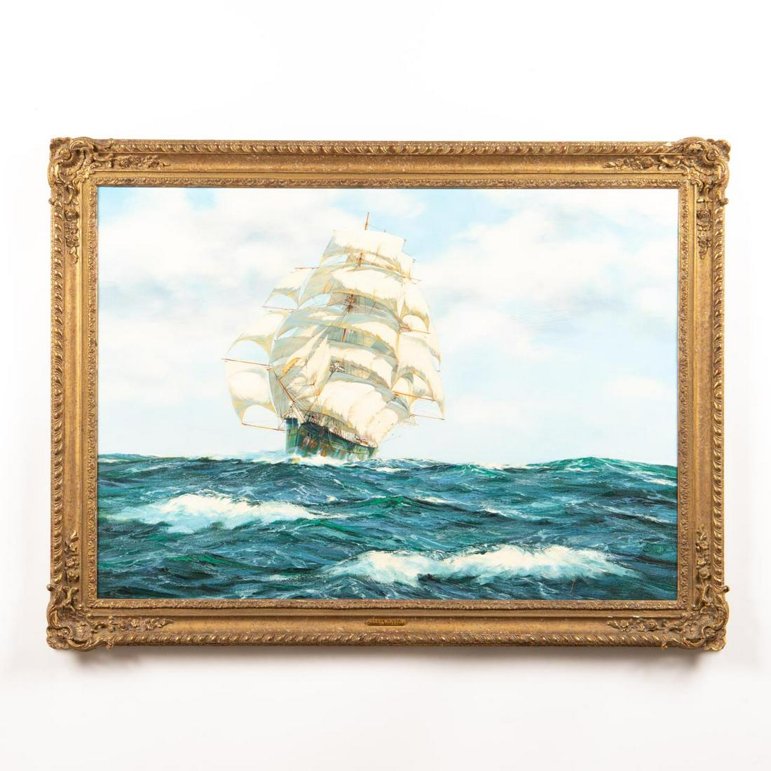 HENRY SCOTT, TRADE WINDS MARITIME SAILING PAINTING: Henry Scott (British, 1911-2005). "Trade Winds (White Star Line Clipper)" -1966, oil on canvas. Signed and dated lower right; titled on plaque; titled on stretcher; MacConnal-Mason and Son, London lab