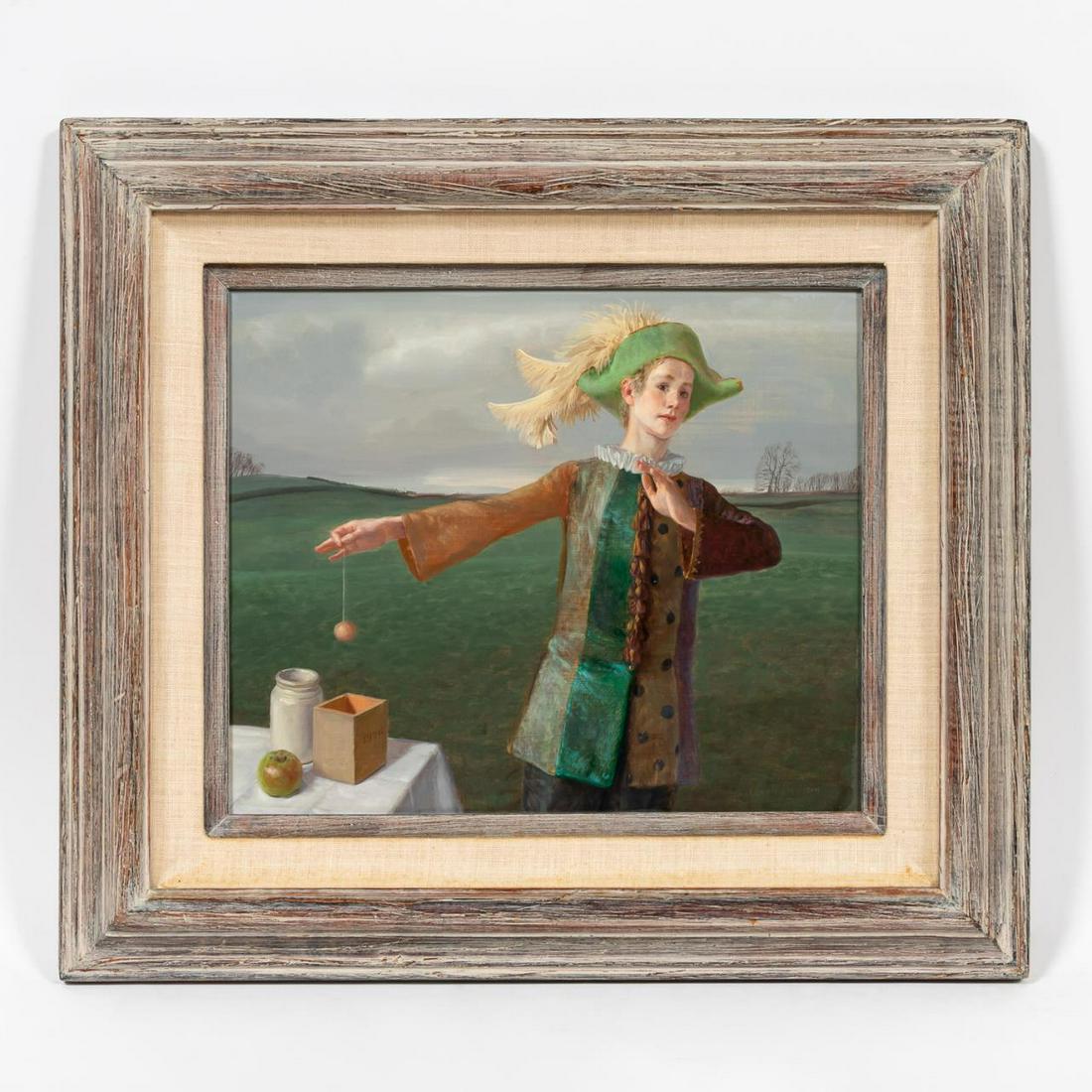 CLAUDE HARRISON, FIGURAL PAINTING, FRAMED 1976: Claude William Harrison (British, 1922-2009). "Trick in a Box" -1976, oil on Masonite. Signed lower right; signed titled and dated verso; Galleries of Frank J. Oehlschlaeger, Sarasota label verso. App
