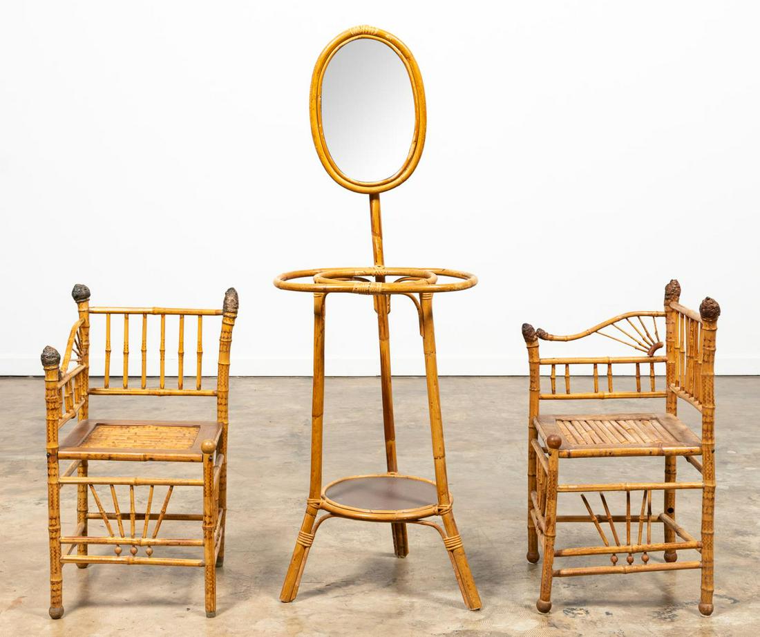3PC AESTHETIC BAMBOO GROUP UMBRELLA STAND & CHAIRS: English, late 19th / early 20th century. Group of Victorian aesthetic movement furniture comprising two corner chairs and one umbrella / cane stand. Approx. h. 59.25" (tallest), h. 32.25", w. 16.25", 