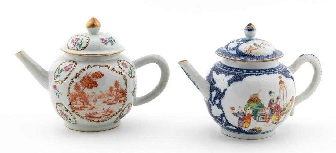 TWO CHINESE EXPORT PORCELAIN LIDDED TEAPOTS: Chinese. Group of two export porcelain lidded teapots comprising of one with a rust landscape scene and one blue and white with a figural scene. Apparently unmarked. Approx. h. 5.375".