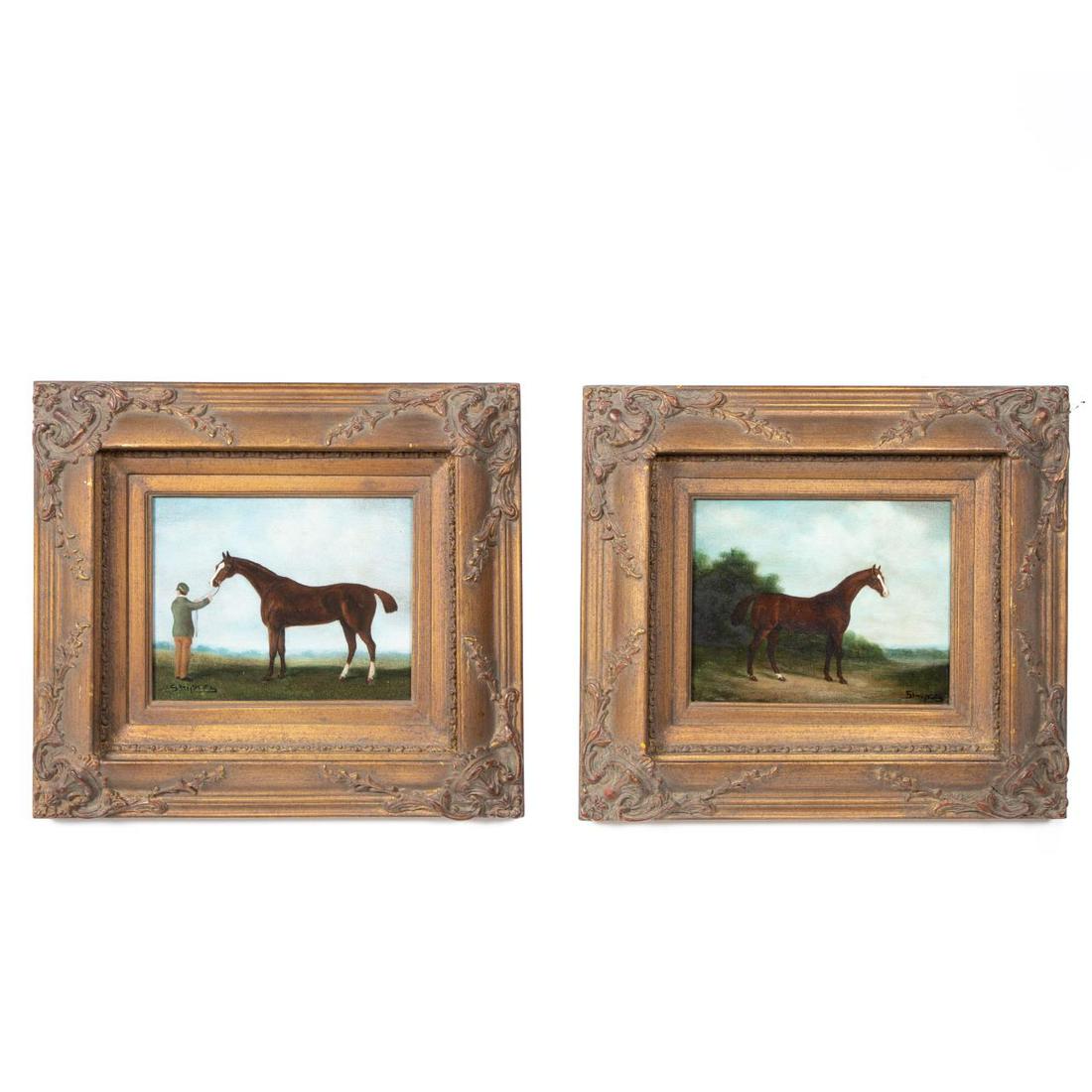 PAIR, EQUESTRIAN PAINTINGS ON CANVAS BY SHIPLEY: British school, 20th century. Pair of horse oils on canvas, signed "Shipley". Framed as a pair. Each approx. 16" x 17.5" (frame), 8" x 10" (canvas)