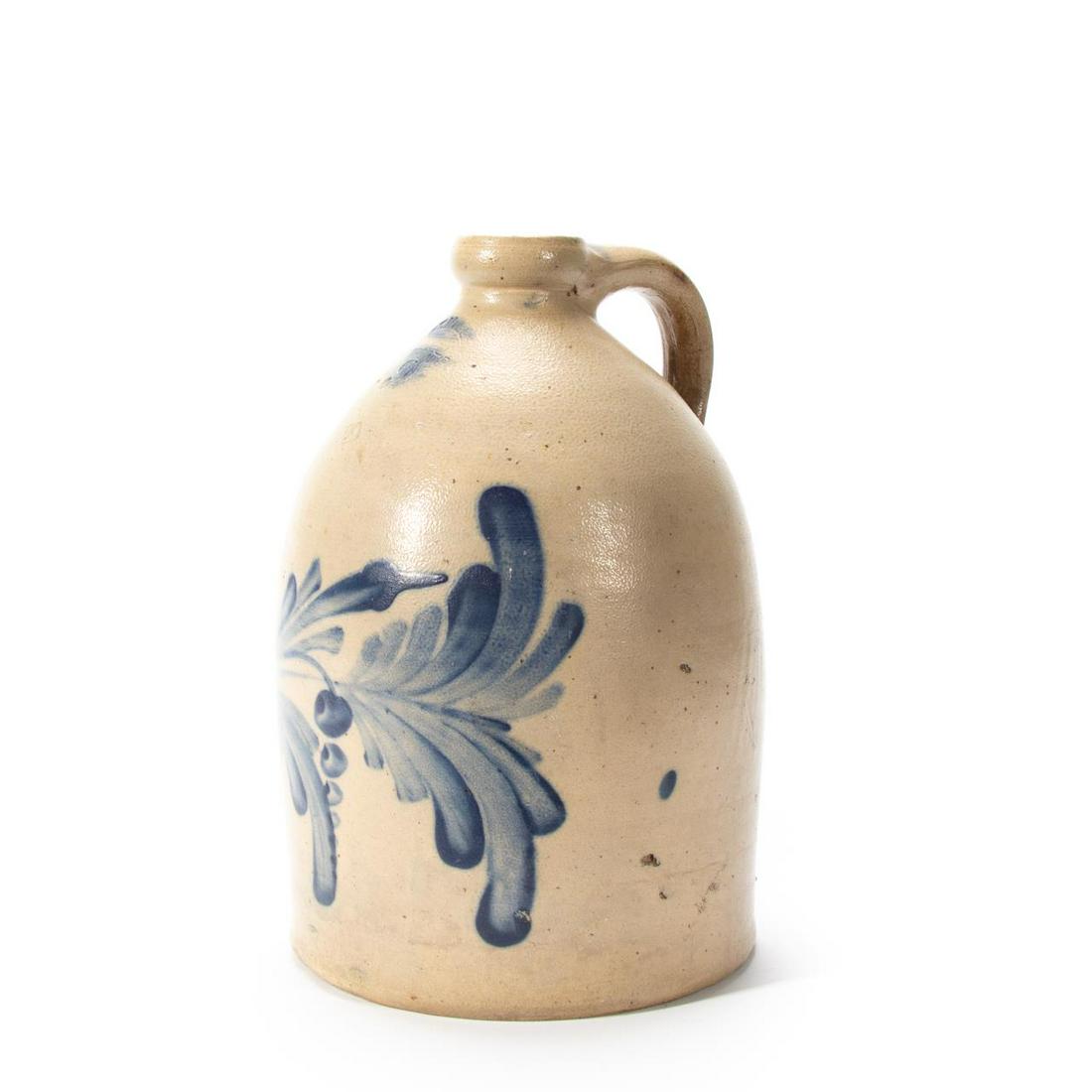 M & T MILLER, PERRY COUNTY PENNSYLVANIA STONEWARE: Michael and Theophilus Miller (American/Pennsylvania, 19th century). Two gallon salt glazed stoneware jug with cobalt decoration, stamped mark and measure. Approx. h. 13.5"