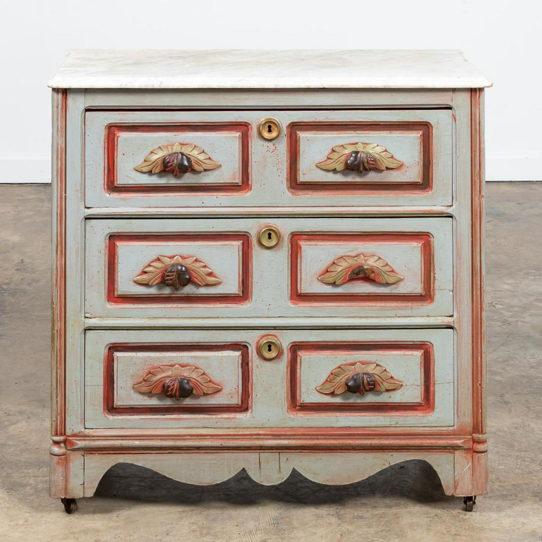 PALE BLUE PAINTED THREE DRAWER MARBLE TOP CHEST: American, late 19th century. Cottage Victorian polychrome painted three drawer chest having fruit and leaf pulls, red trim to drawers, light blue body, and scalloped apron. Marble top is of a later pe