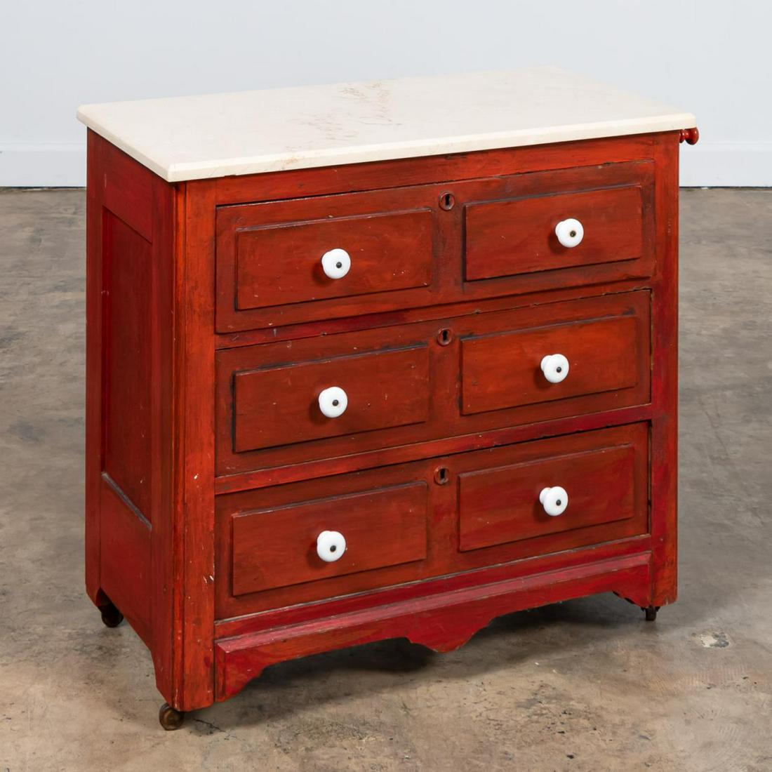 19TH C. AMERICAN RED PAINTED MARBLE TOP WASH STAND: American, 19th century. American country three drawer wash stand having red polychrome paint and later marble top. Inscription to back of case apparently with an owner's name and "Dallas, GA". Approx.
