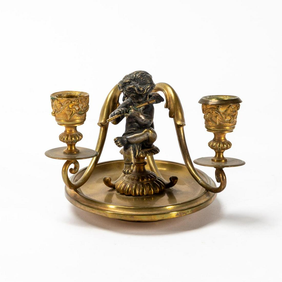 BRONZE TWO LIGHT CHAMBERSTICK WITH CHERUB (1 of 6)