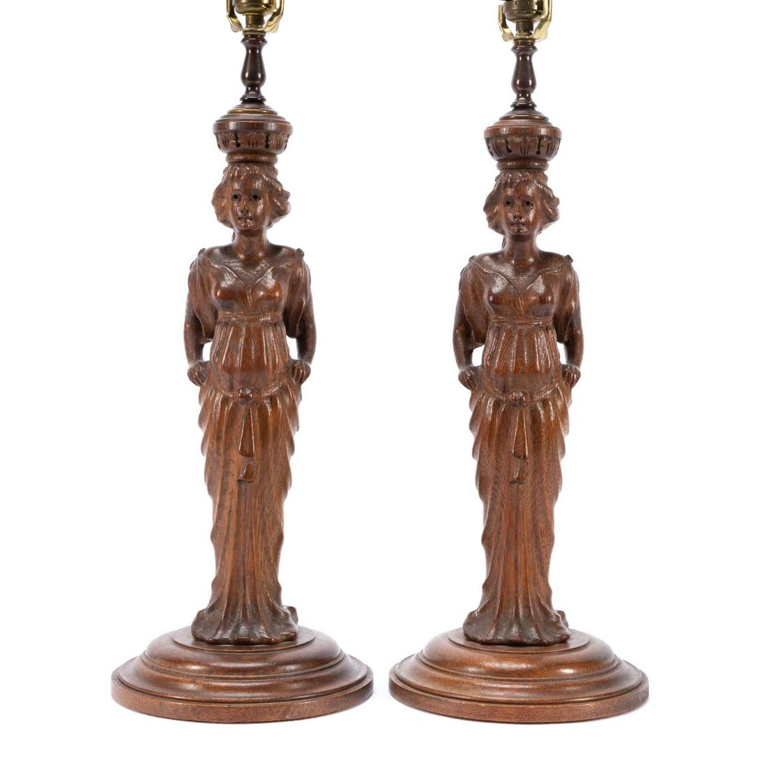PAIR CARVED WOOD CARYATID FIGURAL TABLE LAMPS (1 of 5)