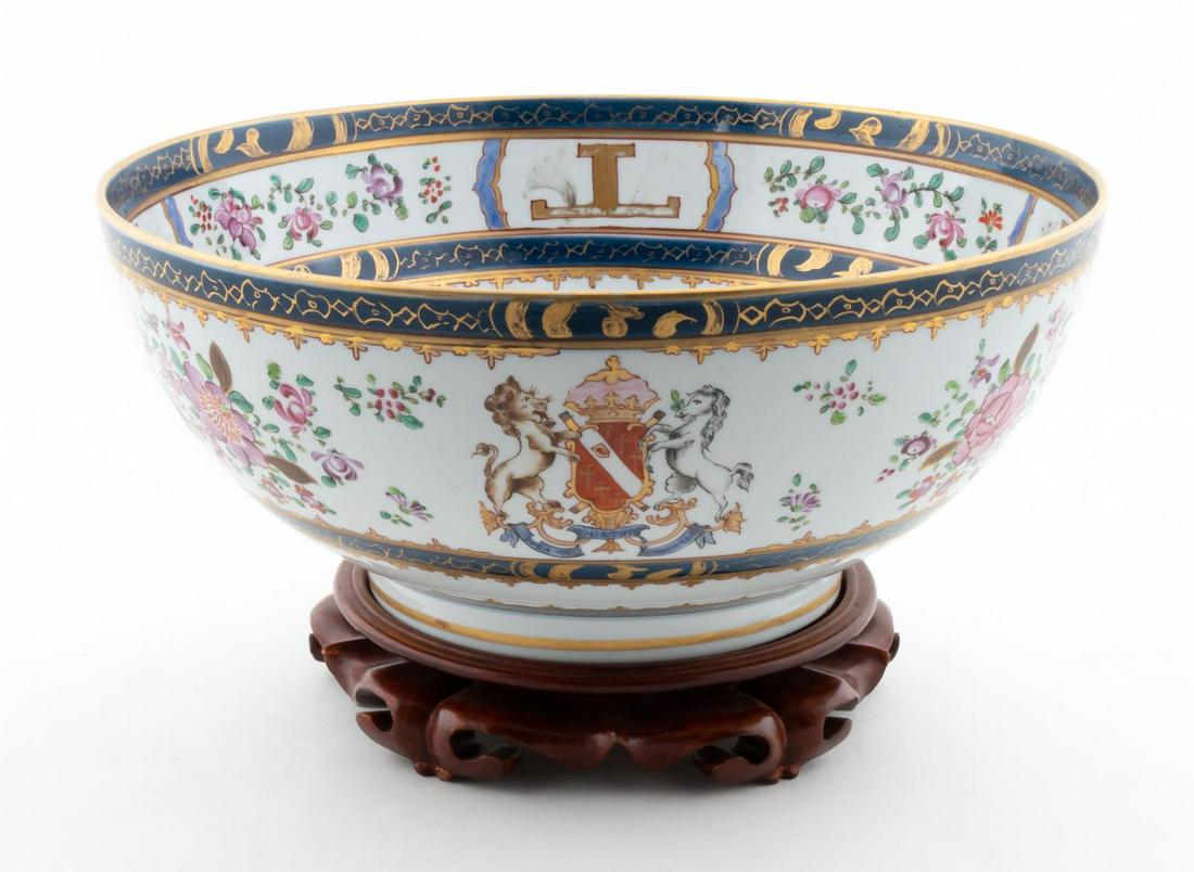 LARGE FRENCH ARMORIAL PORCELAIN PUNCH BOWL & STAND (1 of 7)