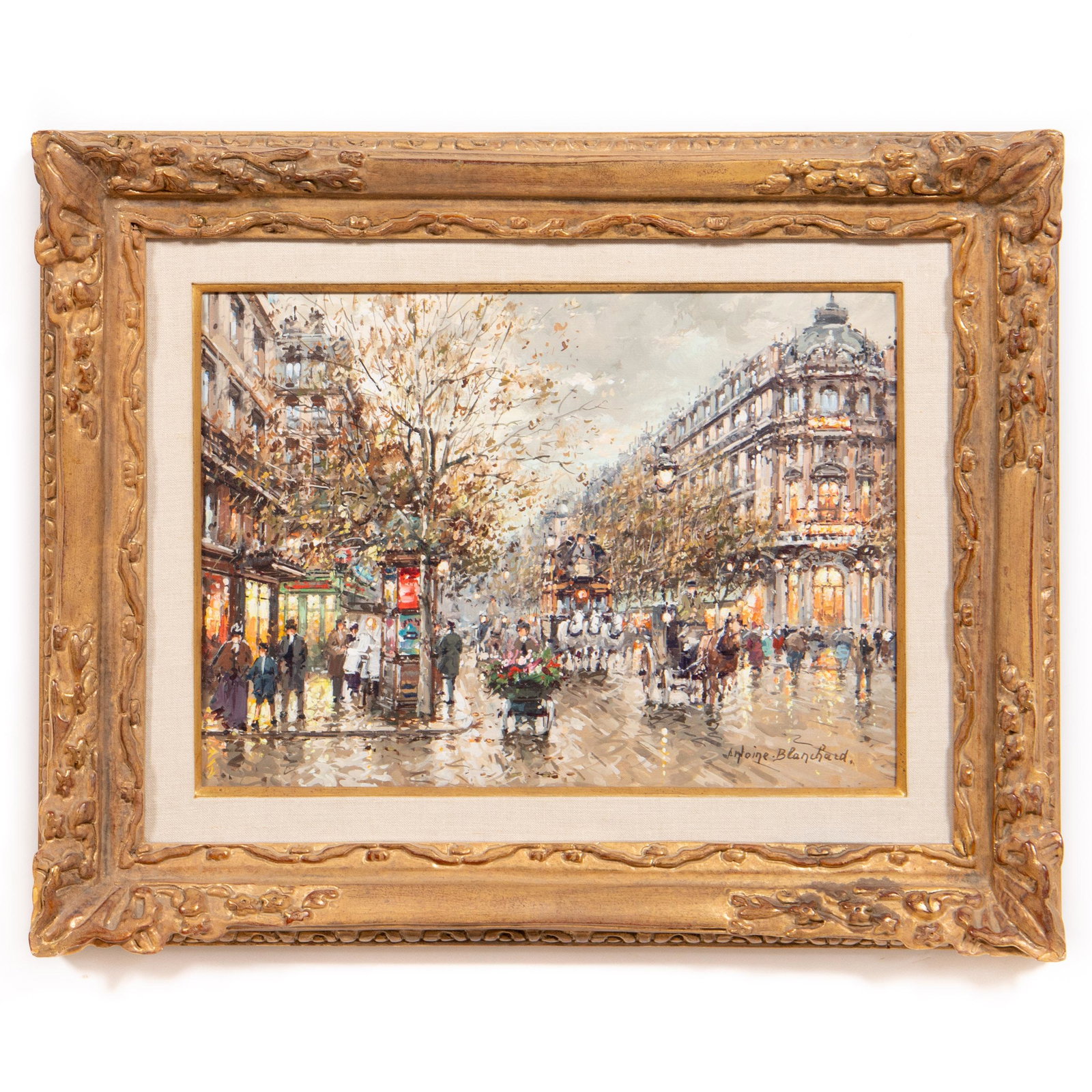 ANTOINE BLANCHARD, IMPRESSIONIST PARISIAN STREET: Antoine Blanchard (French, 1910-1988). "Paris - Le Vaudeville", oil on canvas. Signed lower right; signed and titled verso. Approx. 20.25" x 25.5" (frame), 13" x 18" (canvas)