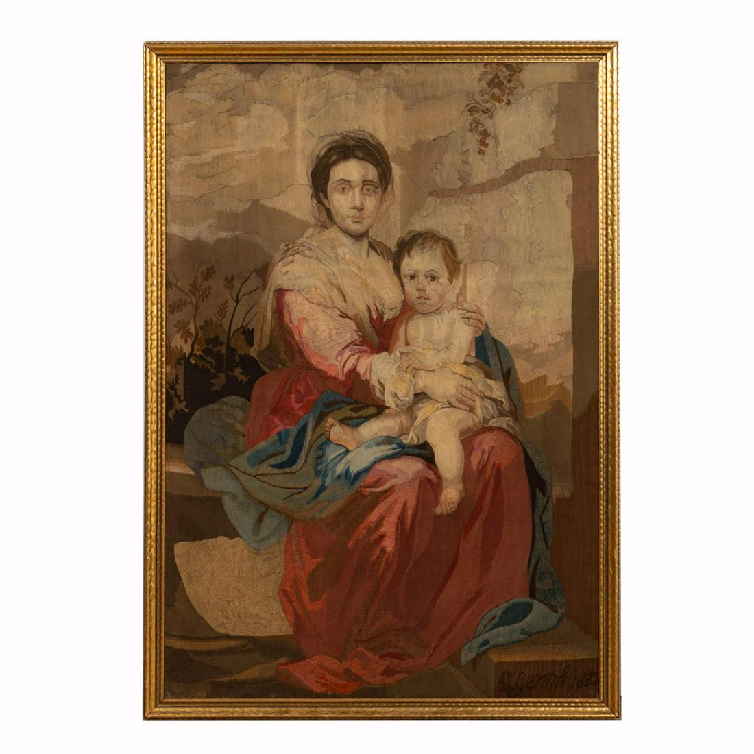 19TH C. VIRGIN AND CHILD FRAMED TAPESTRY (1 of 7)