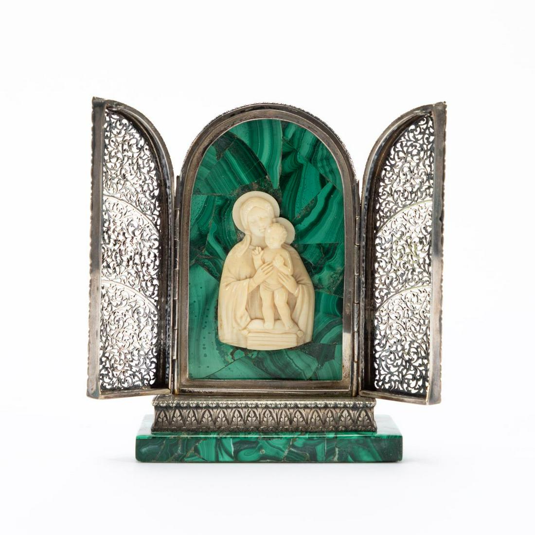 .800 SILVER & MALACHITE VIRGIN & CHILD SHRINE: Likely Continental, 20th century. Arched.800 silver travel shrine or altar, having a chased scrolled foliate body, double filigree doors that open to reveal a bone image or icon of the Virgin Mary and