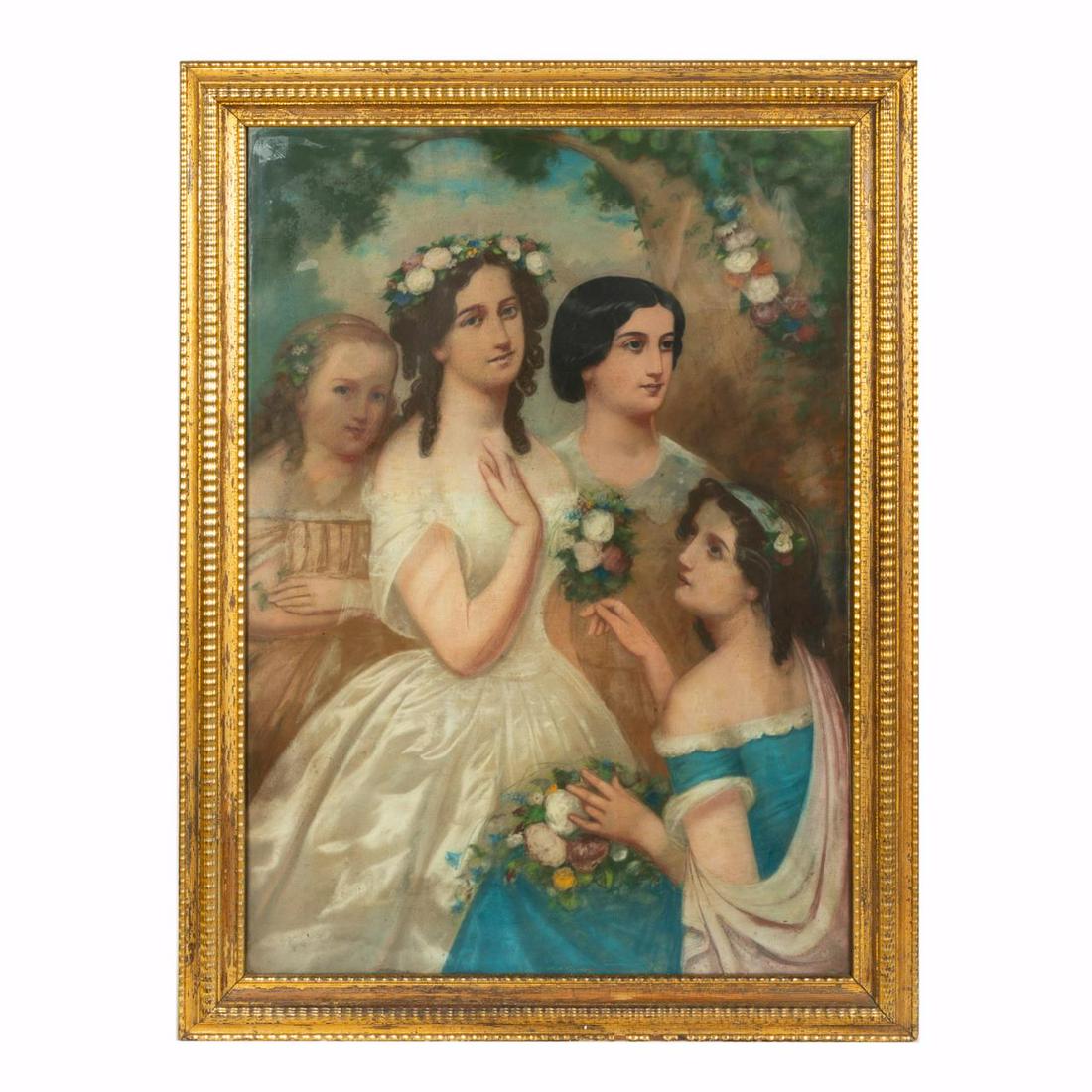 CONTINENTAL SCHOOL, GROUP PORTRAIT, GILTWOOD FRAME: Continental, 19th century. "Muses", pastel. Apparently unsigned. Approx. 57" x 43" (frame), 49.5" x 35" (sight)