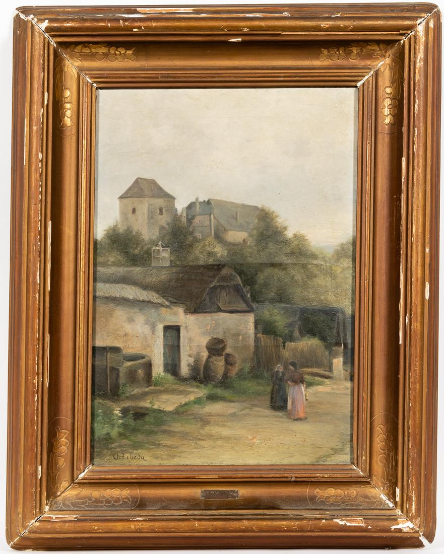 OIL ON CANVAS SIGNED VILLAGE STREET SCENE: Style of Otakar Lebeda (Czech 1877-1901), Oil on Canvas. Village street scene with buildings and two peasant women. Spuriously signed lower left "O. Lebeda" and label on stretcher verso from Narodni G