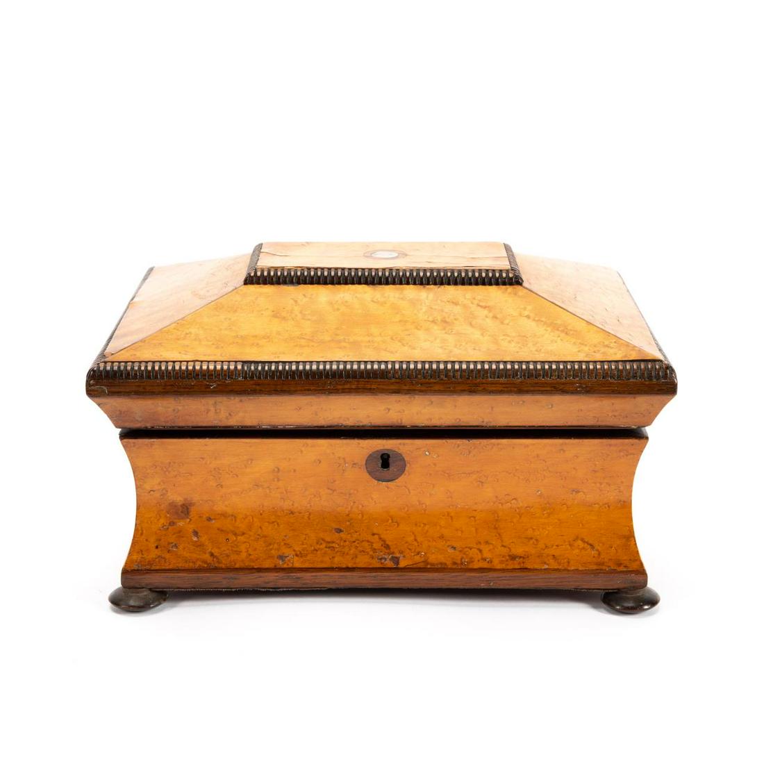 19TH C. BURLWOOD SARCOPHAGUS FORM DRESSER BOX (1 of 5)