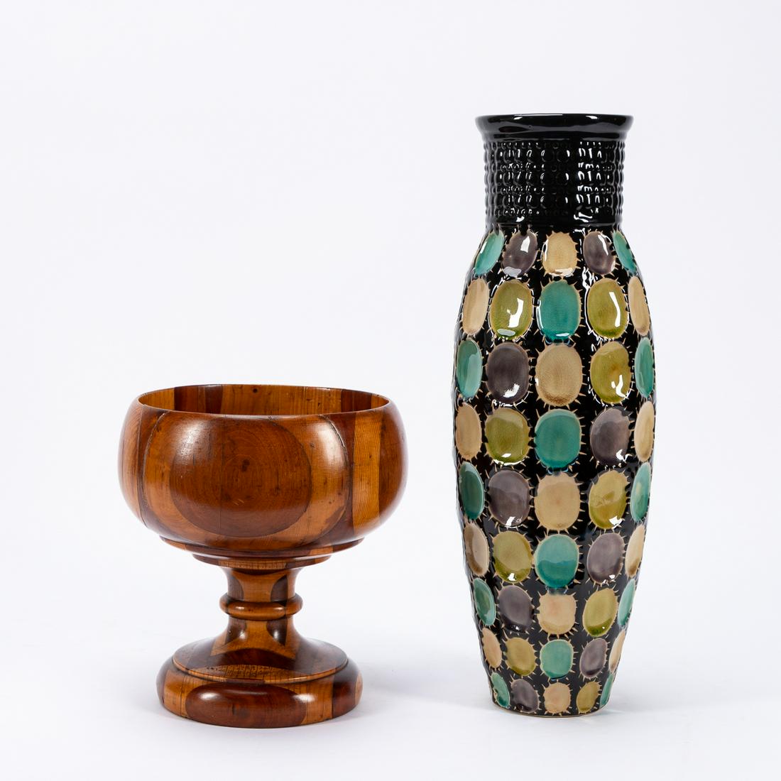 20TH C. WOODEN TAZZA AND GEOMETRIC POTTERY VASE (1 of 5)