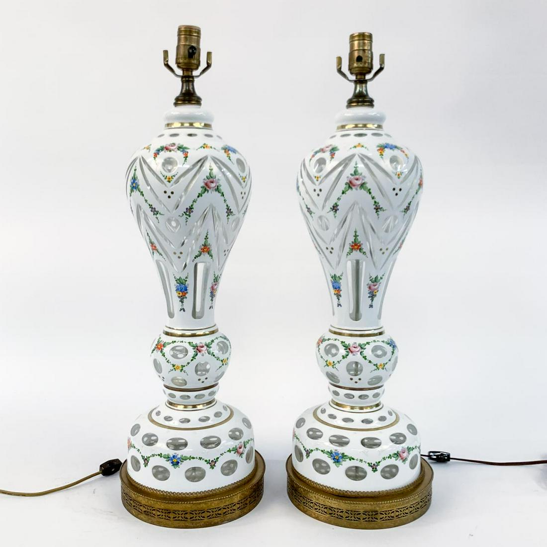 PAIR, BOHEMIAN WHITE FLORAL CASED GLASS LAMPS (1 of 7)