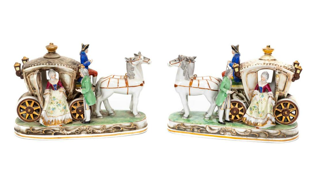 PAIR, CONTINENTAL PORCELAIN HORSE & CARRIAGES (1 of 7)