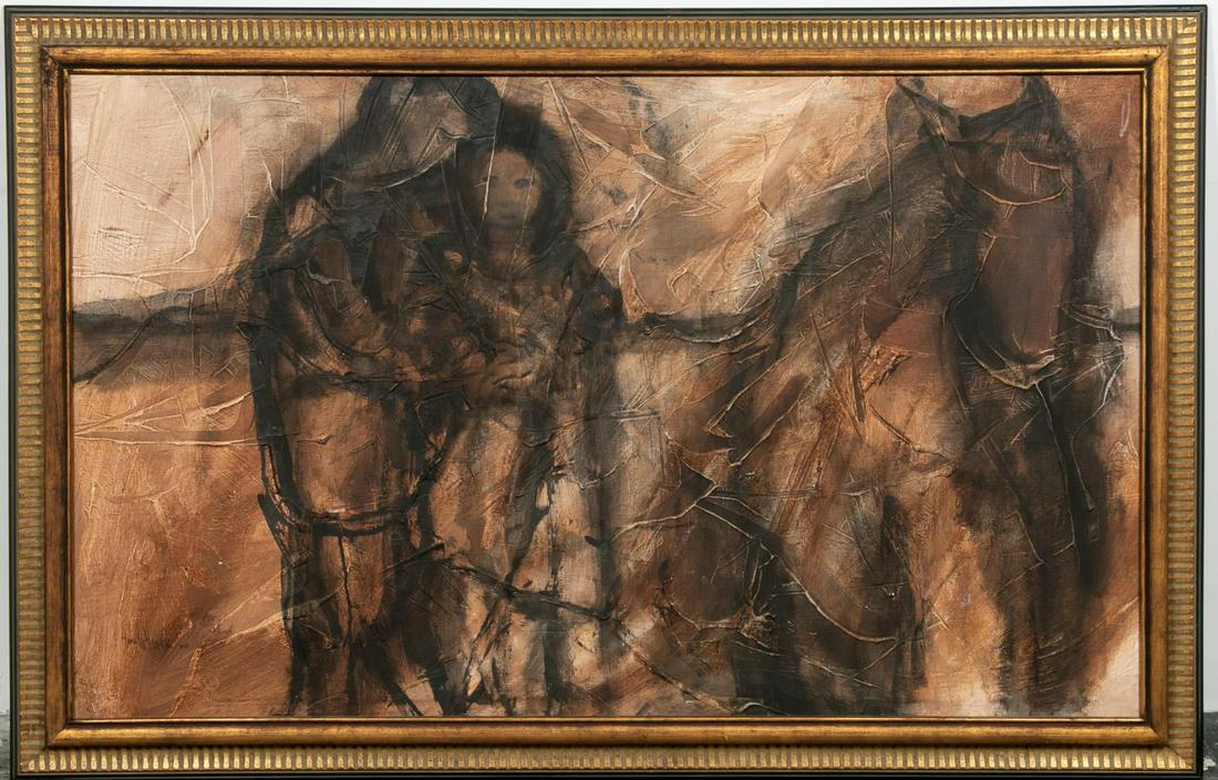 GINO HOLLANDER, ABSTRACTED FIGURES WITH HORSE: Gino Hollander (American, 1924-2015). Abstracted genre scene depicting two figures beside a horse in a landscape - 1965, mixed media on canvas, signed and dated lower left "Hollander 6 65". Approx. 34