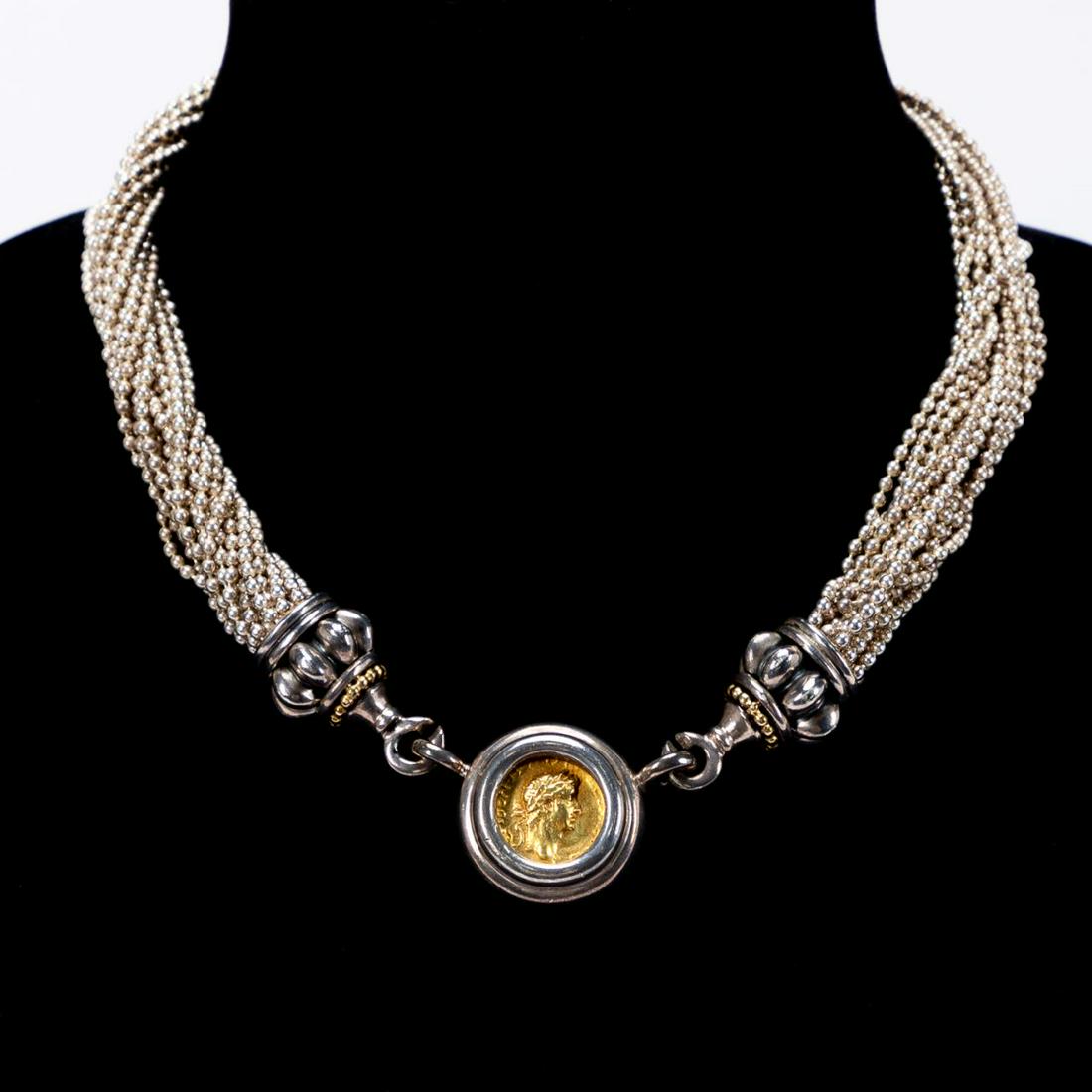 ITALIAN MULTI-STRAND SILVER NECKLACE, ROMAN COIN (1 of 3)