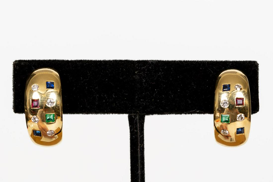 PAIR, 18K YELLOW GOLD & MULTI-STONE EARRINGS (1 of 8)