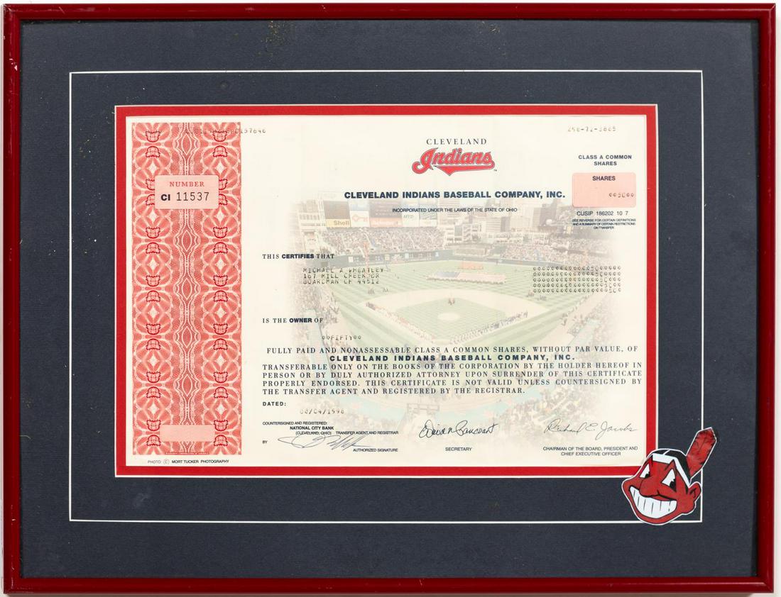 CLEVELAND INDIANS STOCK CERTIFICATE 50 SHARES 1998 (1 of 6)