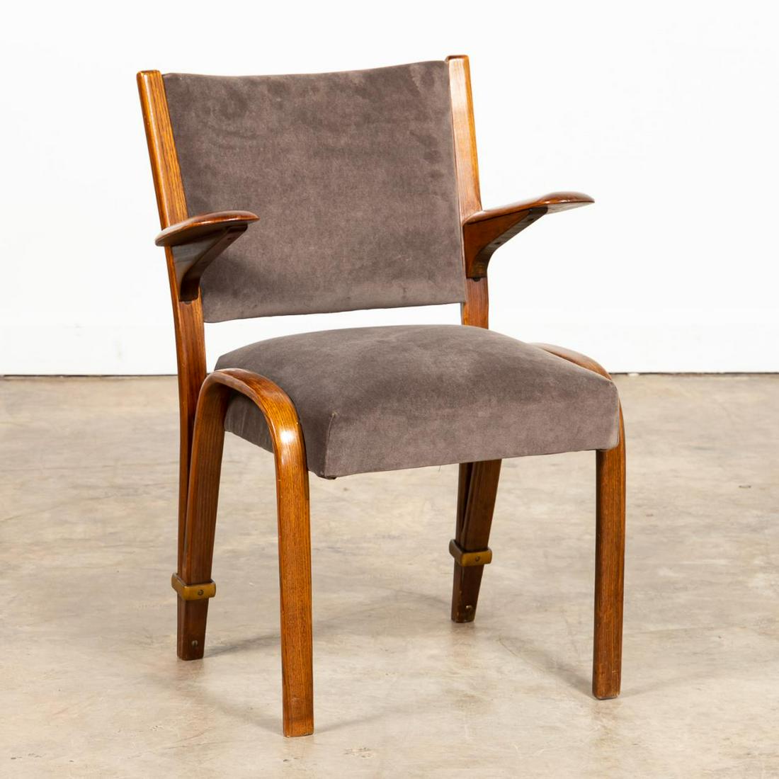 MID-20TH C. FRENCH BENTWOOD ARMCHAIR: French, mid-20th century. Grey velvet Mid-Century Modern upholstered armchair, having a curved oak bentwood frame with brass bands. Unmarked. Approx. h. 31.75", w. 32.75", d. 18".