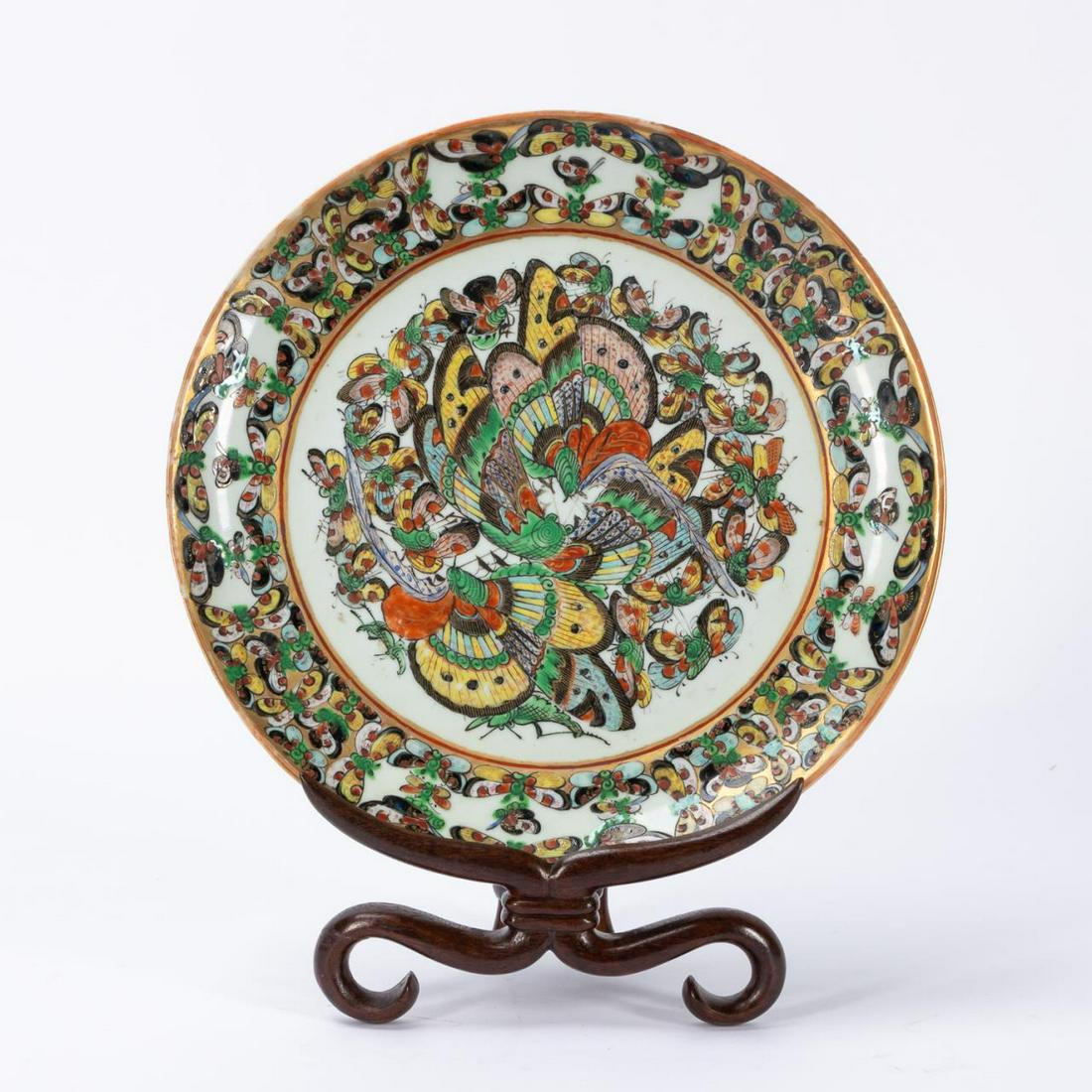 CHINESE BUTTERFLY MOTIF PLATE ON HARDWOOD STAND (1 of 4)
