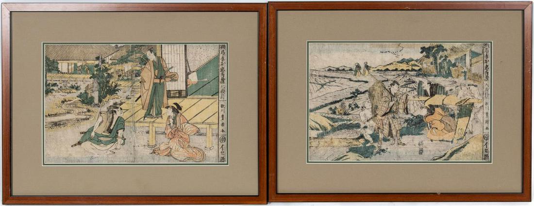 UTAGAWA TOYOKUNI, PAIR OF KABUKI ACTOR WOODBLOCKS: Utagawa Toyokuni also known as Toyokuni I (Japanese, 1769-1825). "Kabuki Actors", woodblock on paper, signed and titled to right margin. Pair of woodblocks depicting scenes of the famous Japanese play